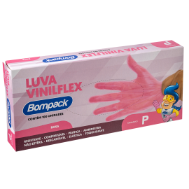 Luva Vinilflex Bompack sem Po Rosa tamanho P caixa com 100 unidades