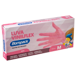 Luva Vinilflex Bompack sem Po Rosa tamanho M caixa com 100 unidades