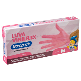 Luva Vinilflex Bompack sem Po Rosa tamanho M caixa com 100 unidades