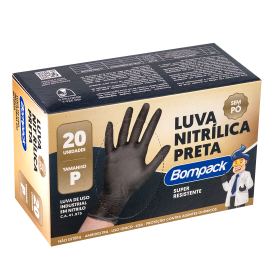 Luva Nitrilica Bompack Preta P pacote com 20 unidades